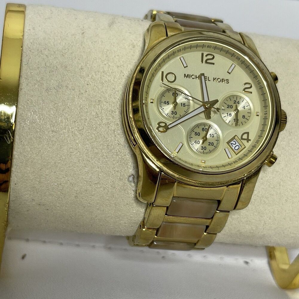 Michael Kors Watch Gold Tortoise Band Chronograph MK5660 Runway Dial Quartz WORK